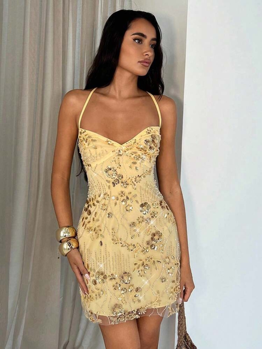 Butter Yellow Embellished Sequin Lace up Mini Dress